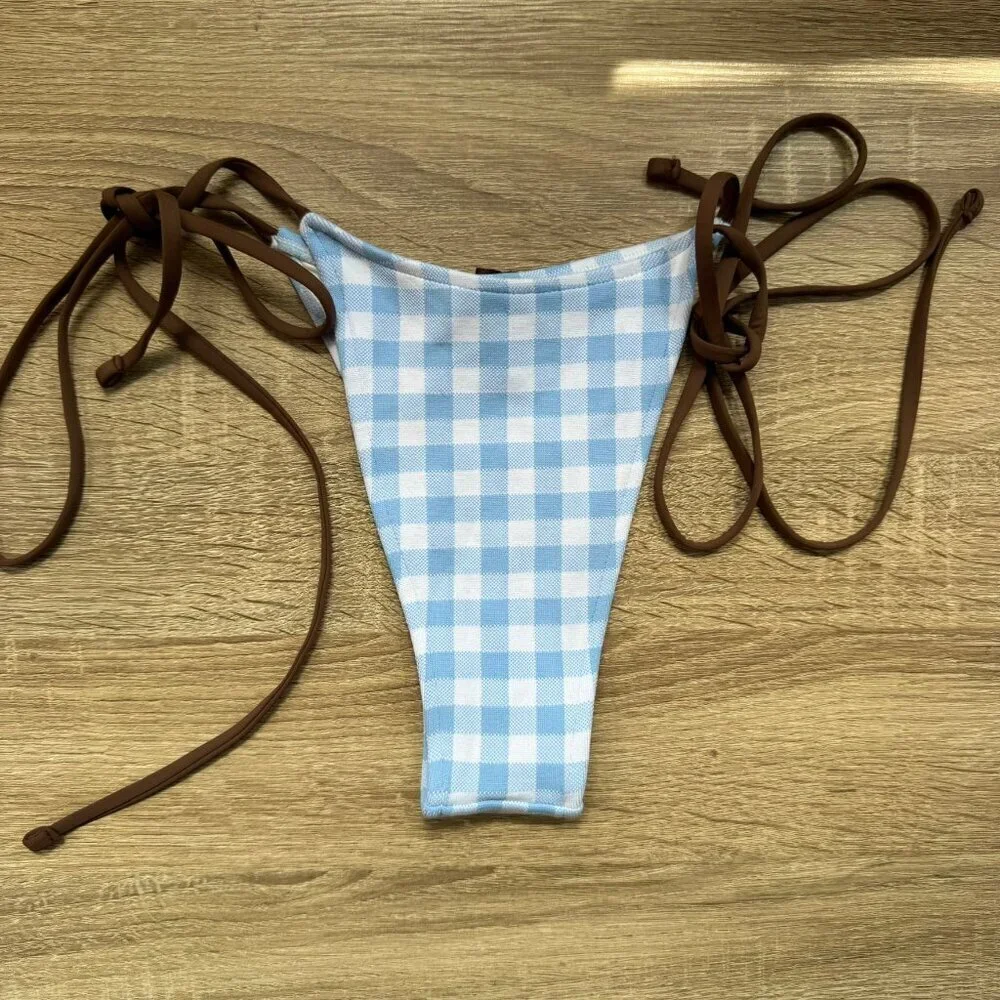 New Frankies Bikinis Divine String Bikini Bottoms Gingham Blue Brown Large